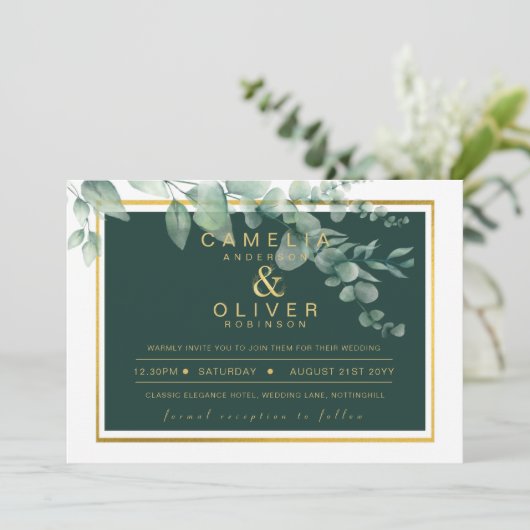 Eucalyptus Greenery Gold Emerald Wedding QR CODE I Einladung (Stehend Vorderseite)