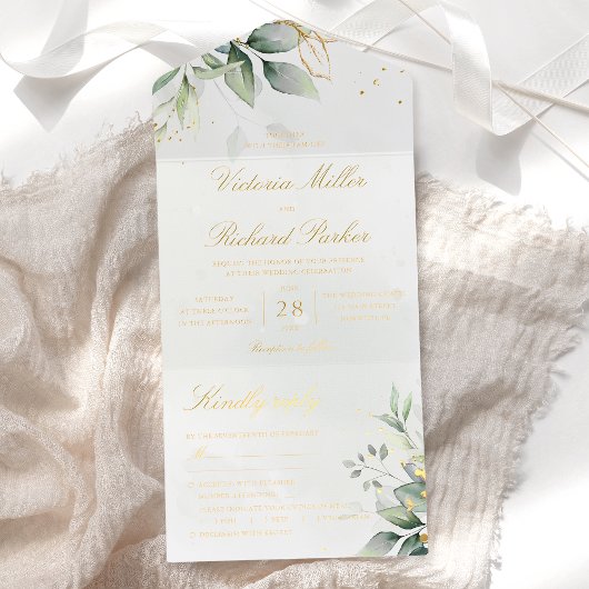 Eucalyptus Greenery Gold Leaves Botanical Wedding All-in-One-Einladung