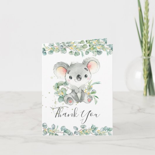 Eucalyptus Greenery Koala Birthday Baby Shower Dankeskarte (Vorderseite)