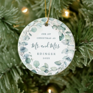 Eucalyptus Greenery Mr. and Mrs. Foto Newlywed Keramik Ornament