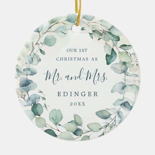 Eucalyptus Greenery Mr. and Mrs. Foto Newlywed Keramik Ornament (Vorne)