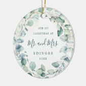 Eucalyptus Greenery Mr. and Mrs. Foto Newlywed Keramik Ornament (Links)