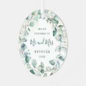 Eucalyptus Greenery Mr. and Mrs. Foto Newlywed Ornament Aus Metall (Vorderseite links)