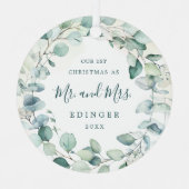 Eucalyptus Greenery Mr. and Mrs. Foto Newlywed Ornament Aus Metall (Vorderseite)