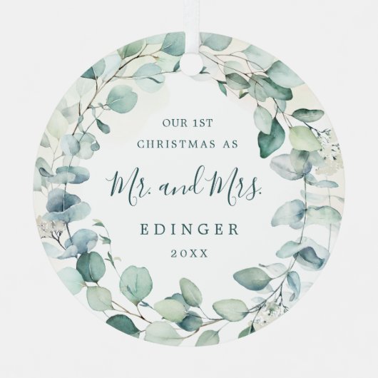 Eucalyptus Greenery Mr. and Mrs. Foto Newlywed Ornament Aus Metall (Vorderseite)