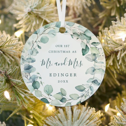Eucalyptus Greenery Mr. and Mrs. Foto Newlywed Ornament Aus Metall (InSitu)