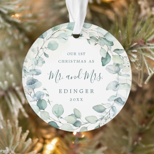 Eucalyptus Greenery Mr. and Mrs Newlywed Foto Ornament (Baum)