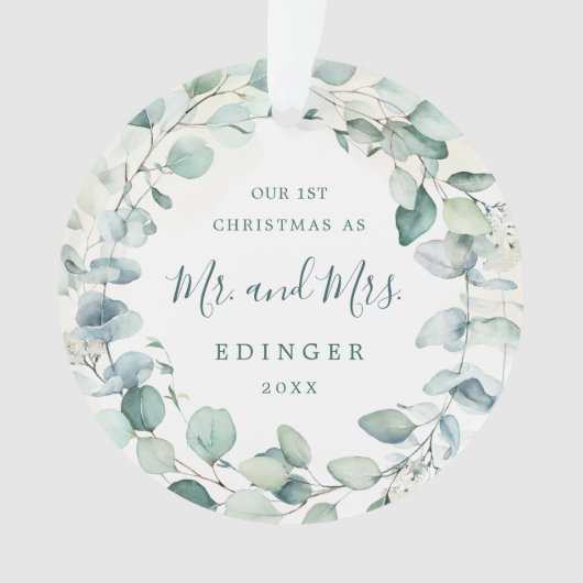 Eucalyptus Greenery Mr. and Mrs Newlywed Foto Ornament (Vorderseite)