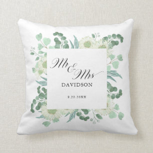 Eucalyptus Greenery Mr. und Mrs. Script Newlyweds Kissen