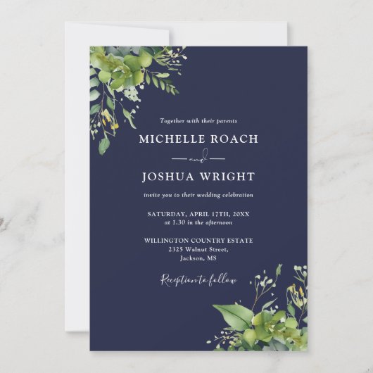 Eucalyptus Greenery Navy Blue QR Code Wedding Einladung (Vorderseite)