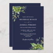 Eucalyptus Greenery Navy Blue QR Code Wedding Einladung (Vorne/Hinten)