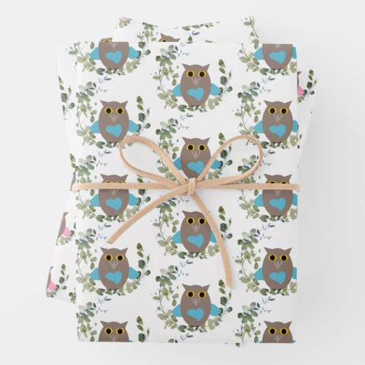 Eucalyptus Greenery Owls Geschenkpapier Set (Beispiel)