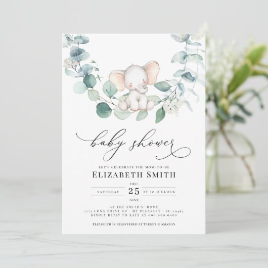 Eucalyptus Greenery Peanut Elephant Baby Shower Einladung (Stehend Vorderseite)