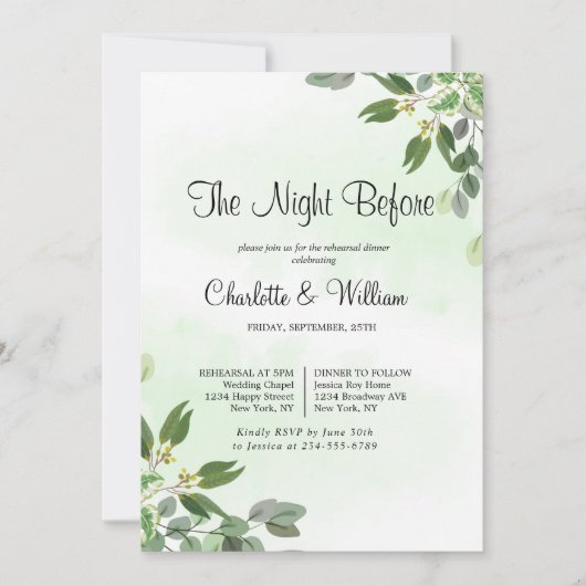 Eucalyptus Greenery Sukkulente Probe Abendessen Einladung (Vorderseite)