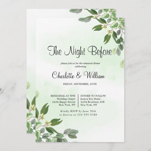 Eucalyptus Greenery Sukkulente Probe Abendessen Einladung (Vorne/Hinten)