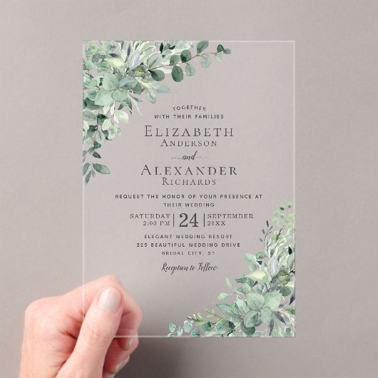 Eucalyptus Greenery Watercolor Boho Wedding Acryleinladungen (Insitu (Handheld))