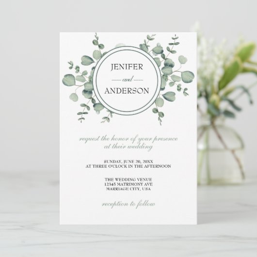 Eucalyptus Greenery Wedding Einladung (Stehend Vorderseite)