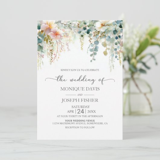 Eucalyptus Greenery Wedding Einladung (Stehend Vorderseite)
