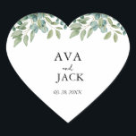 eucalyptus greenery wedding Herz-Aufkleber<br><div class="desc">A eucalyptus wedding features soft greenery,  natural textures,  and a fresh,  elegant feel. With eucalyptus leaves in the florals and décor,  it creates a calm,  romantic atmosphere perfect for nature-loving couples.</div>