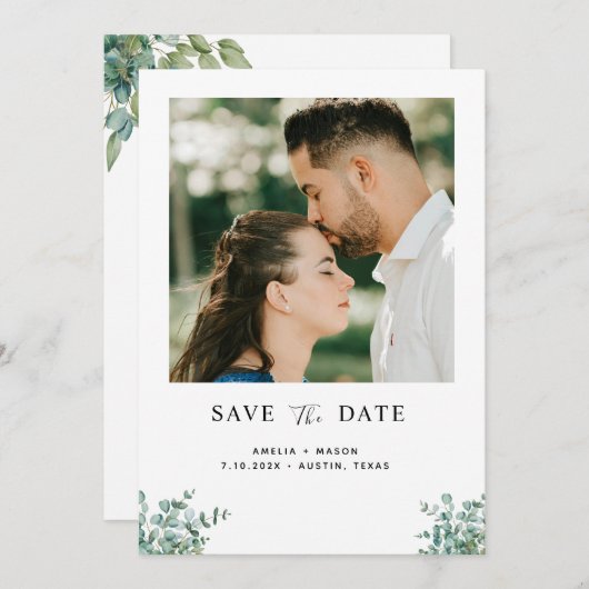 eucalyptus greenery wedding save the date (Vorne/Hinten)