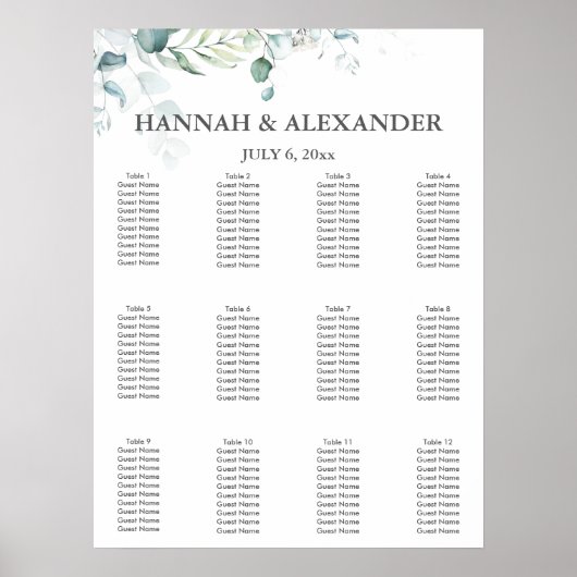 Eucalyptus Greenery Wedding Seating Chart Poster (Vorne)