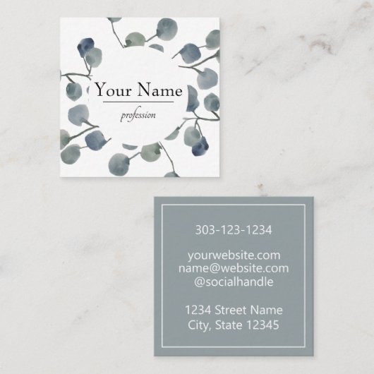 Eucalyptus  Grüne Botanische Wasserfarbe Quadratische Visitenkarte (Vorne/Hinten)