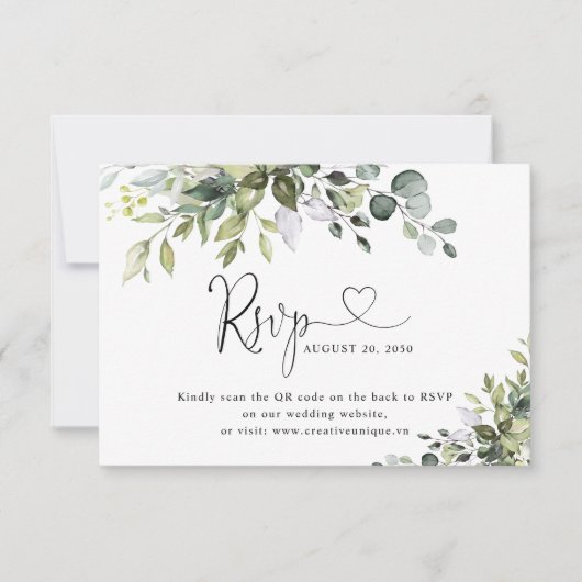 Eucalyptus-Hochzeitswebsite-QR-Code-RSVP-Karte RSVP Karte (Vorderseite)