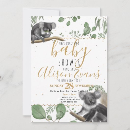 Eucalyptus Koalas gold Glitzer Baby Showroom Ankündigung (Vorderseite)