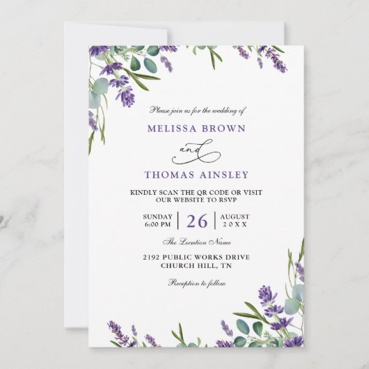 Eucalyptus Lavender Elegant Budget QR Code Wedding Einladung (Vorderseite)
