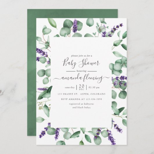 Eucalyptus Lavender Greenery Baby Shower Einladung (Vorne/Hinten)