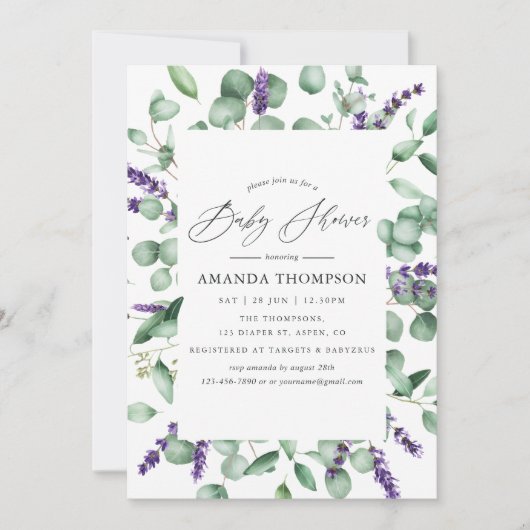 Eucalyptus Lavender Greenery Baby Shower Einladung (Vorderseite)