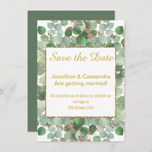 EUCALYPTUS LEAF GOLD SAGE SQUARE SAVE THE DATE (Vorne/Hinten)