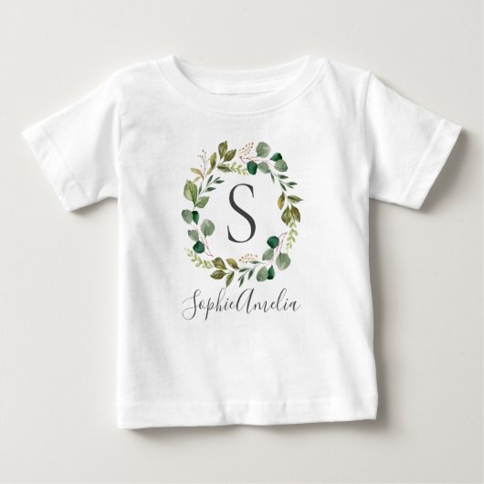 Eucalyptus Leafy Wreath Personalisiert Babyname Baby T-shirt (Vorderseite)