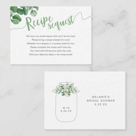Eucalyptus Mason Jar Brautparty Recipe Anfrage Begleitkarte (Vorne/Hinten)