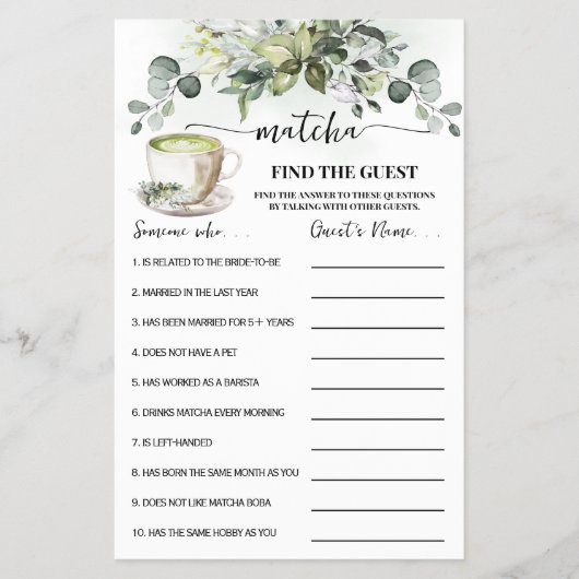Eucalyptus Matcha Find the Guest Shower Game Card Flyer (Vorne)