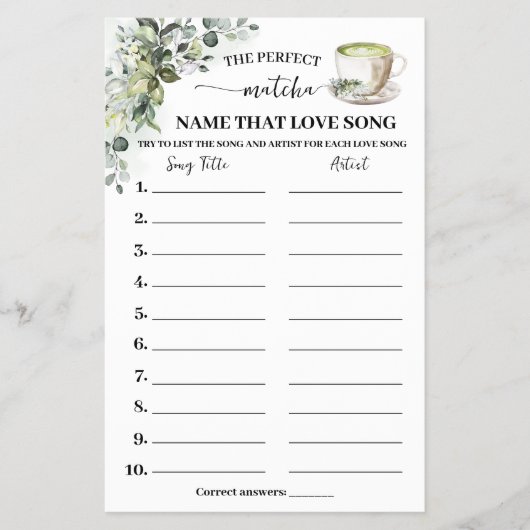 Eucalyptus Matcha Name Love Song Shower Game Card Flyer (Vorne)