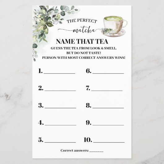 Eucalyptus Matcha Name that Tea Shower Game Card Flyer (Vorne)