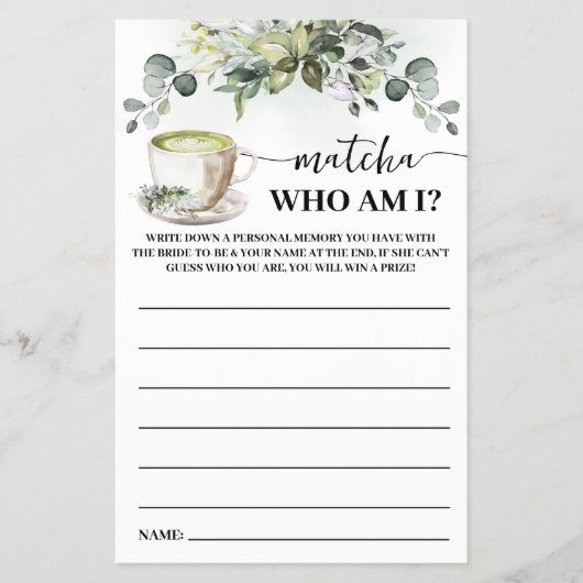 Eucalyptus Matcha Who am I Bridal Shower Game Card Flyer (Vorne)