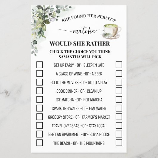 Eucalyptus Matcha Would She Rather Shower Game Flyer (Vorne)