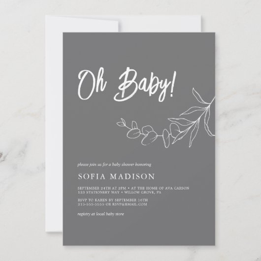 EUCALYPTUS Minimalistisch Gray Baby Shower Einladung (Vorderseite)