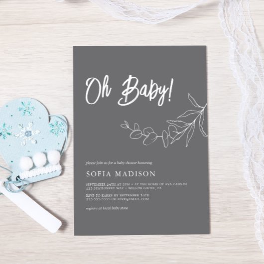 EUCALYPTUS Minimalistisch Gray Baby Shower Einladung