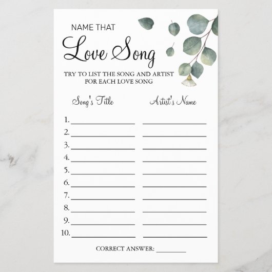 Eucalyptus Name that love song shower game card Flyer (Vorne)