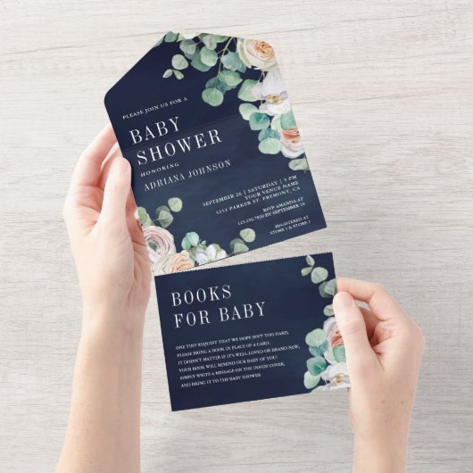 Eucalyptus Navy Blue Baby Shooter Rustic Soft Rose All In One Einladung (Abreißen)