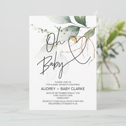 Eucalyptus Oh Baby Modern Boy Girl Babydusche Einladung (Stehend Vorderseite)