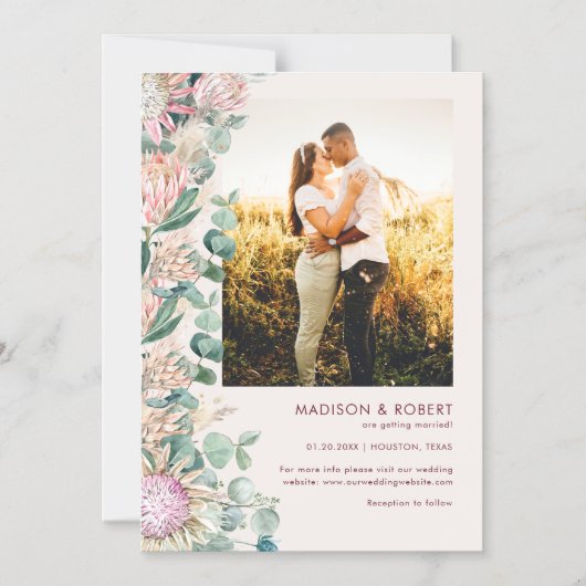 Eucalyptus Pampas Grass Pink Proteas Save the Date Magneteinladung (Vorderseite)