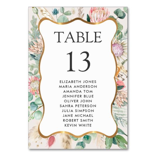 Eucalyptus Pampas Seating Chart Cards For Wedding Tischnummer (Vorderseite)