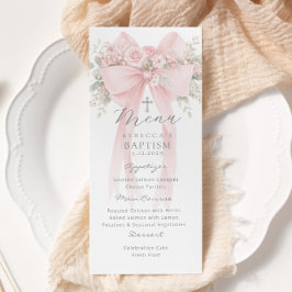 Eucalyptus Pink Bow Elegant Baptism Menükarte