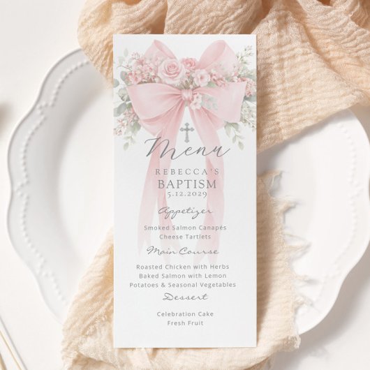 Eucalyptus Pink Bow Elegant Baptism Menükarte