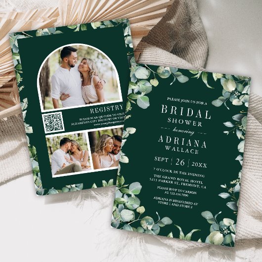 Eucalyptus QR Code Emerald Green Bridal Shower Einladung