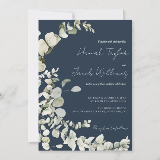 Eucalyptus QR Code Navy Blue Wedding Einladung (Vorderseite)